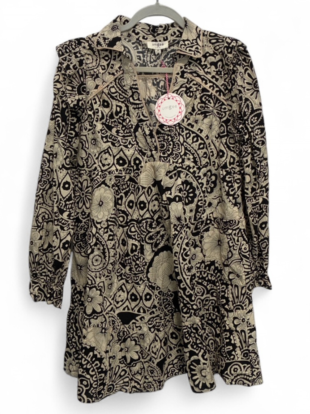 NWT Umgee Black & Cream Patterned Boho Long Sleeve Mini Dress